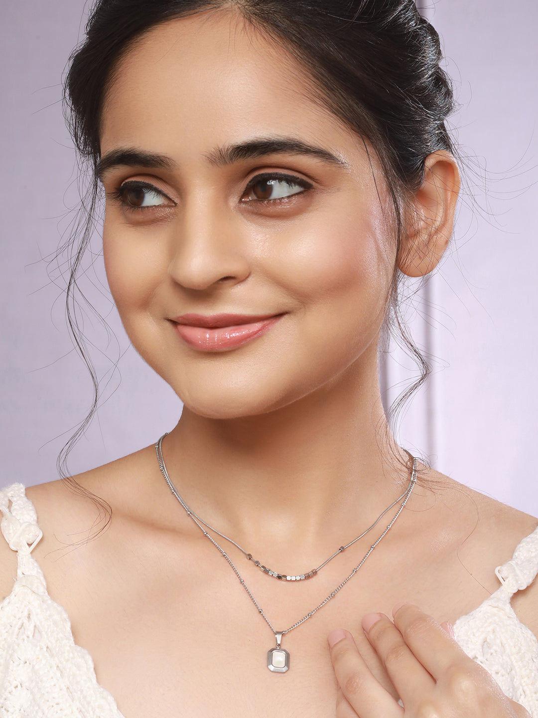 Anti-Tarnish Rhodium Plated Layered Minimal Geometric Pendant Necklace & Chain