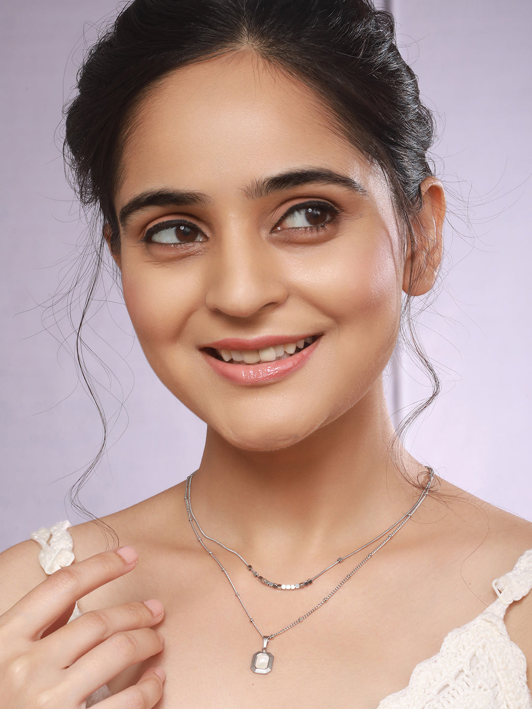 Anti-Tarnish Rhodium Plated Layered Minimal Geometric Pendant Necklace & Chain