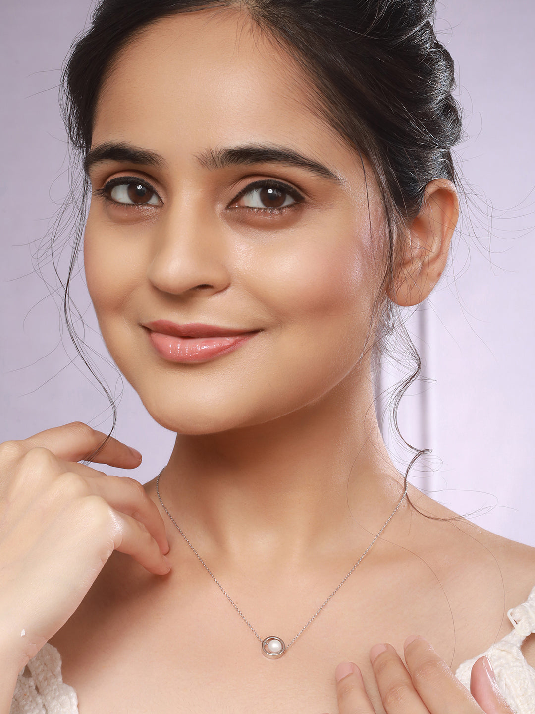 Anti-Tarnish Rhodium Plated Minimal Orbital Pearl Necklace & Chain