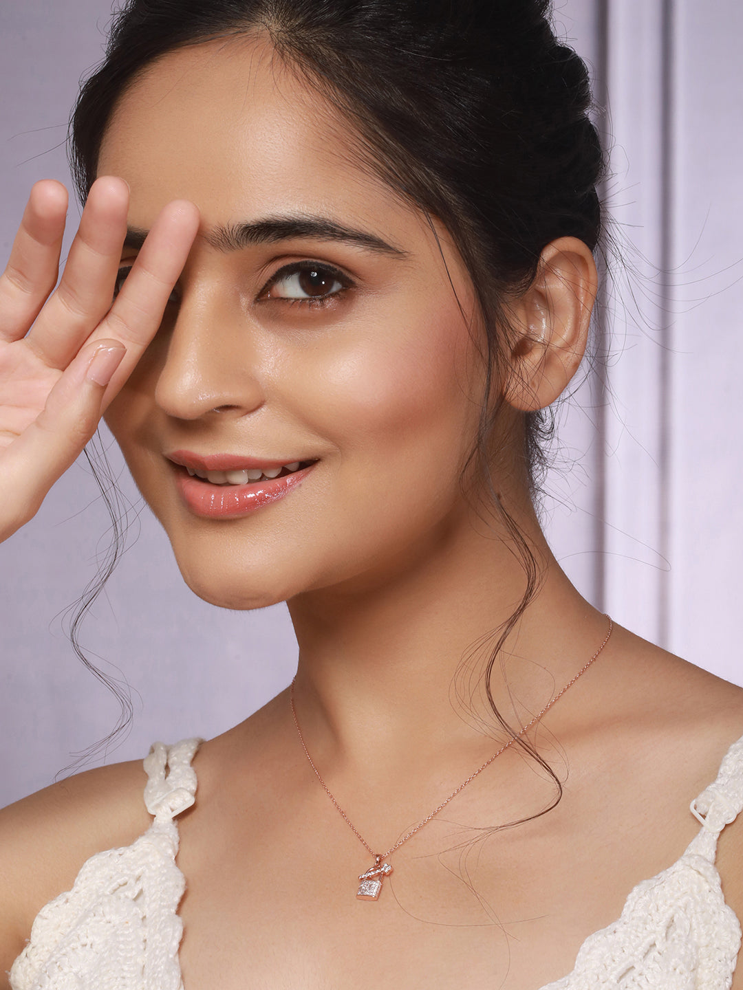 Anti-Tarnish Rose Gold Plated AD Studded Lock & Key Pendant Minimal Necklace & Chain