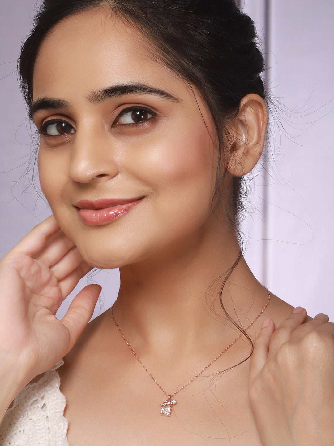 Anti-Tarnish Rose Gold Plated AD Studded Lock & Key Pendant Minimal Necklace & Chain