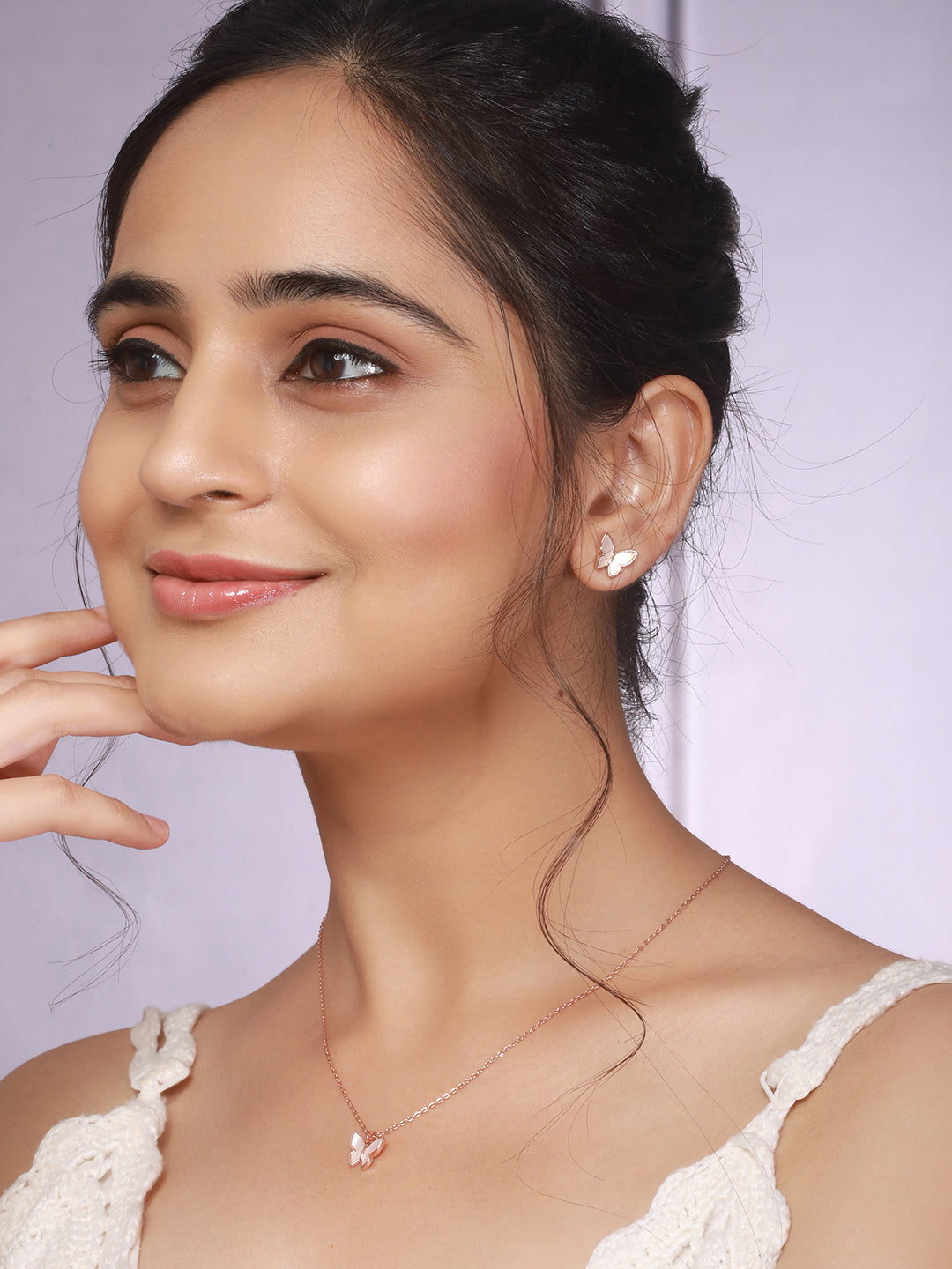 Anti-Tarnish Rose Gold Toned Faux Pearl Butterfly  Minimal Chain Pendant Jewellery Set