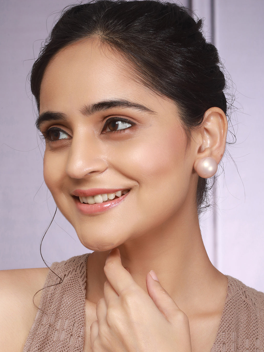 Anti-Tarnish Rose Toned Round Button Pearl Of 20mm Studds Earrings