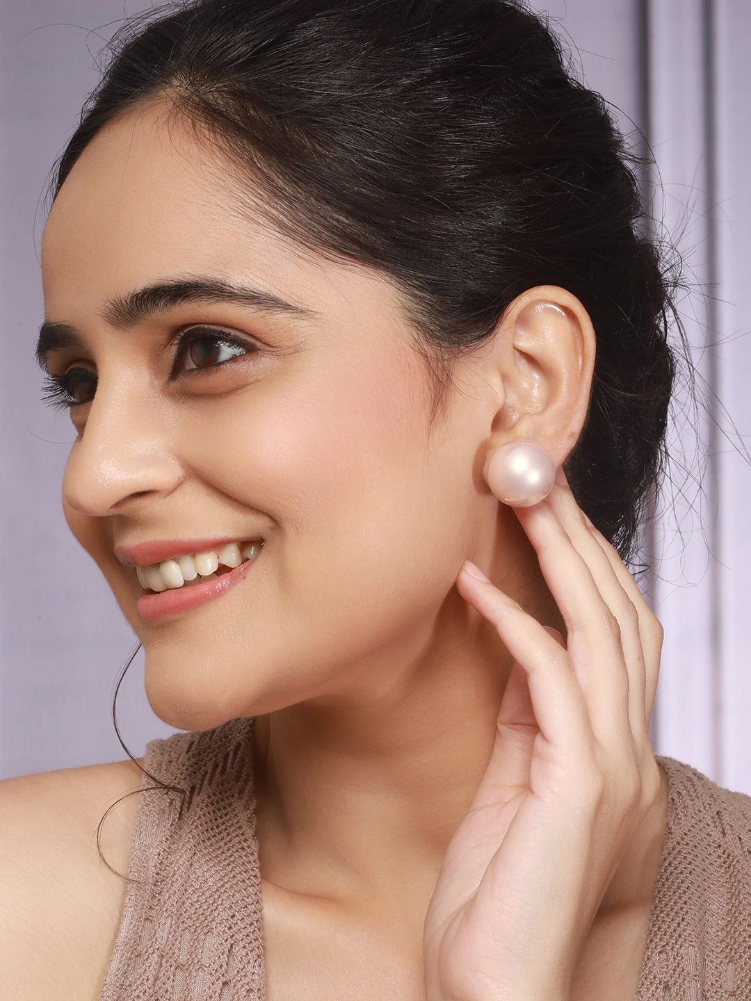 Anti-Tarnish Rose Toned Round Button Pearl Of 20mm Studds Earrings