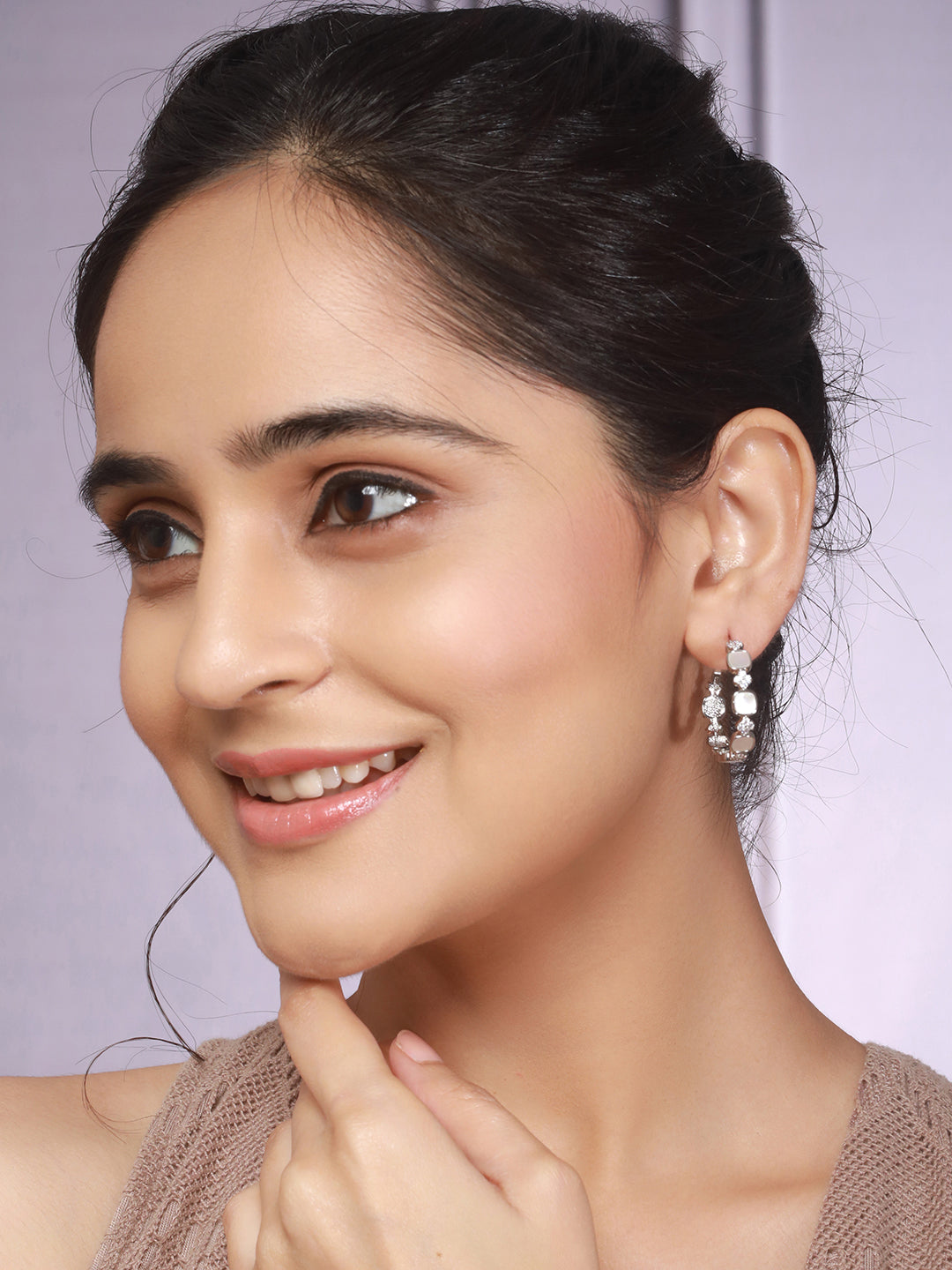 Anti-Tarnish Rhodium Plated Faux Pearl AD Studded hoop Bali Earrings