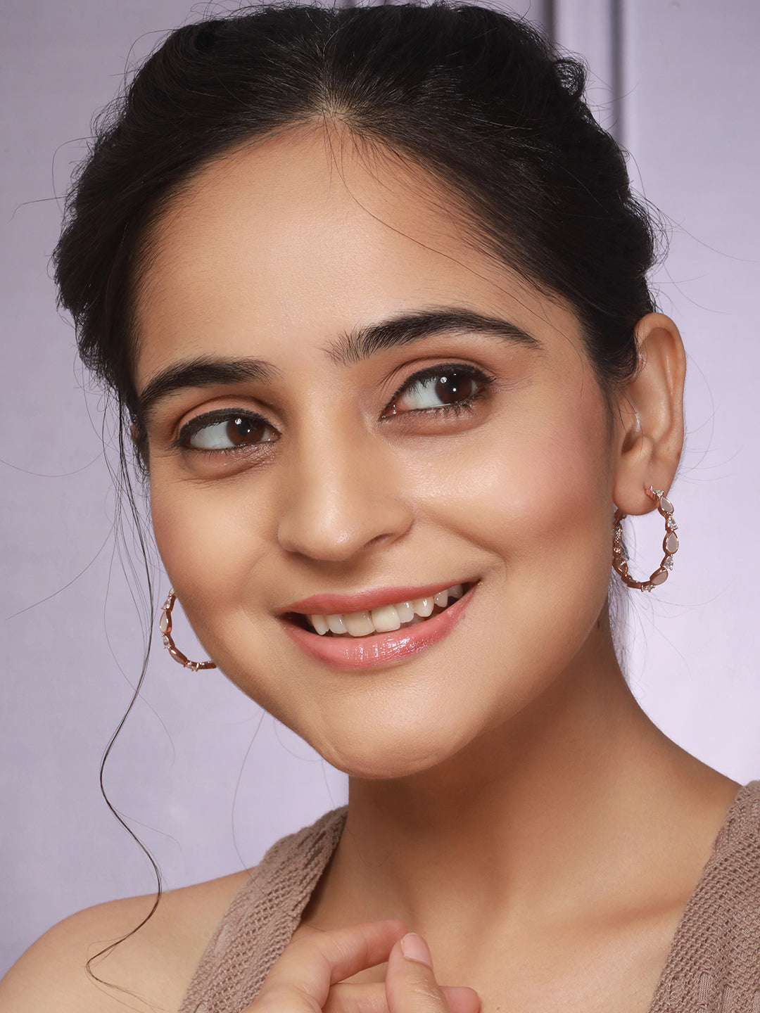 Anti-Tarnish Rose Gold Toned Faux Pearl AD Studded Hoop Minimal Bali Earrings