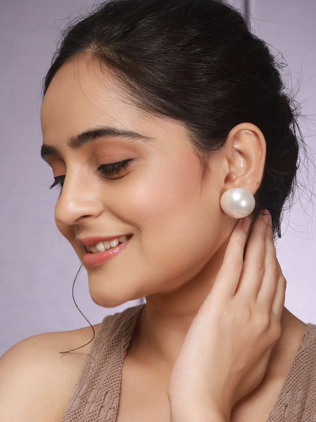 Anti-Tarnish Rhodium Toned 26 mm Round Button Pearls Large Studds Earrings