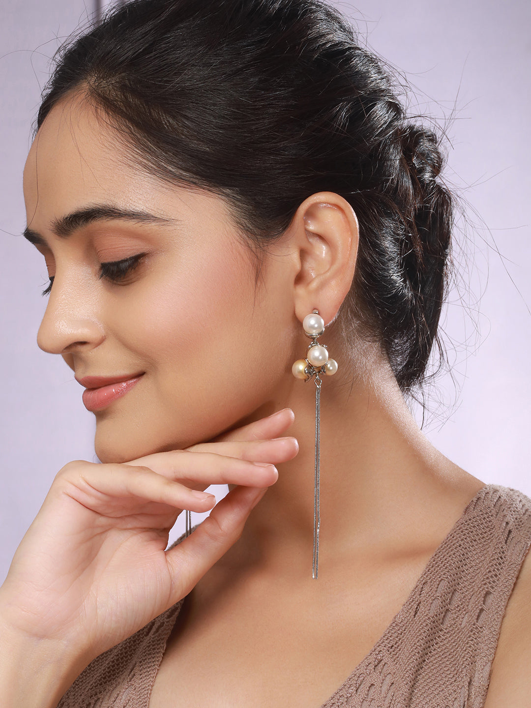 Anti-Tarnish Pearl Bunch Designer Long Chain Drop Studs Earrings