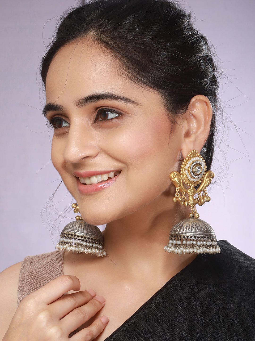 Dual Toned Pearl Beaded Bird Motif Dome Shaped Contemporary Jhumka earrings