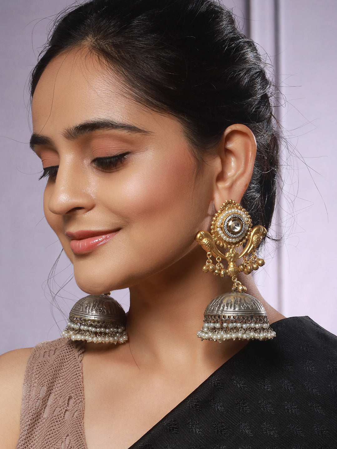 Dual Toned Pearl Beaded Bird Motif Dome Shaped Contemporary Jhumka earrings