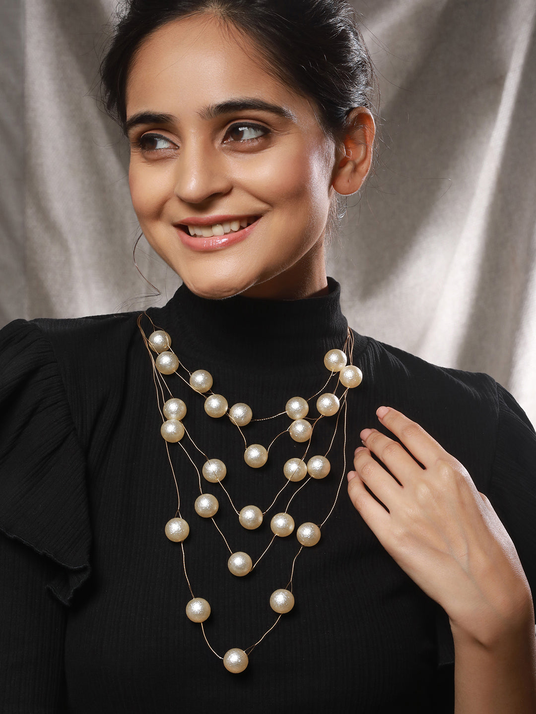 Anti-Tarnish Gold Toned Minimal Round Pearl Layered Necklace & Chain