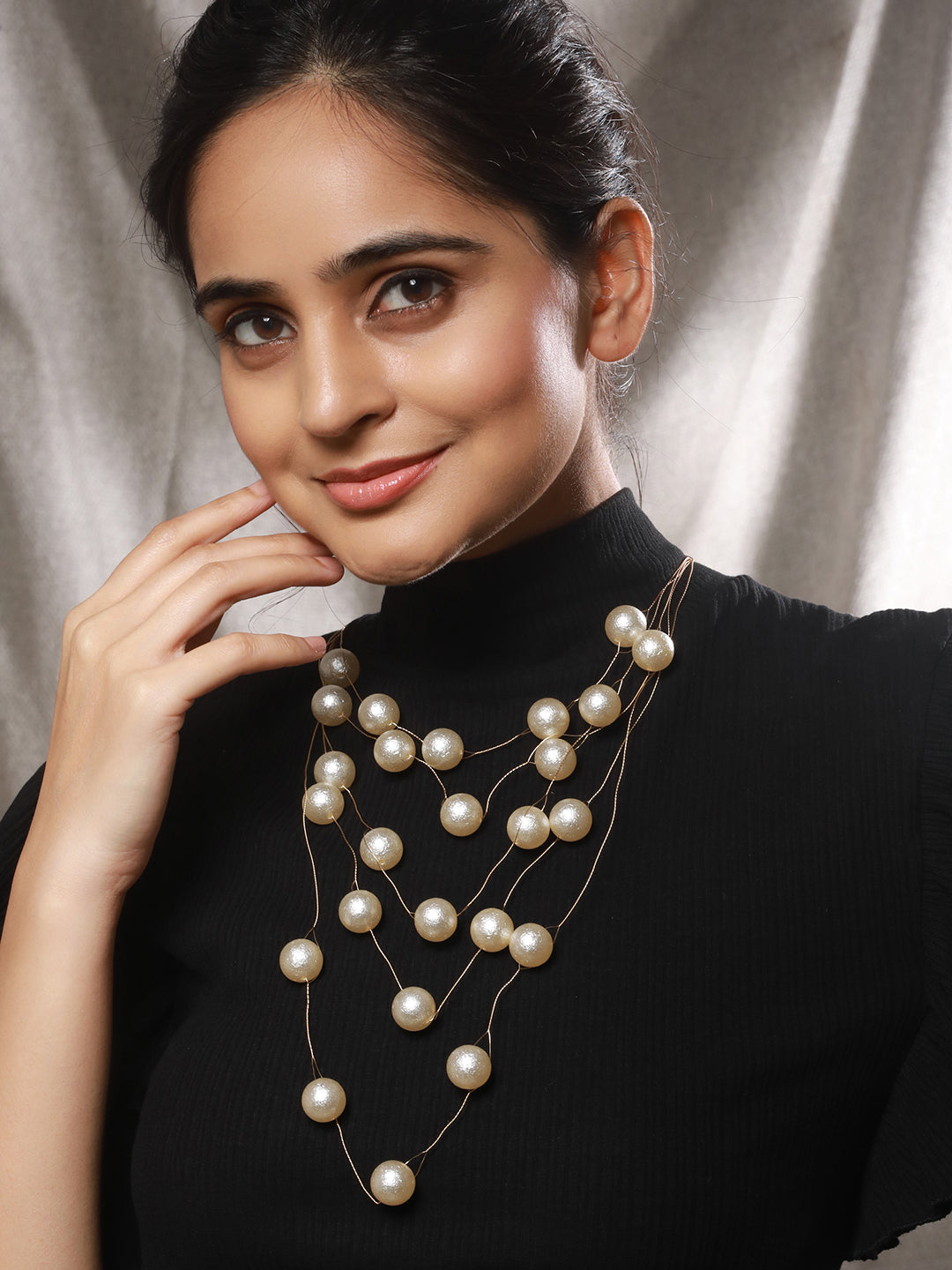 Anti-Tarnish Gold Toned Minimal Round Pearl Layered Necklace & Chain