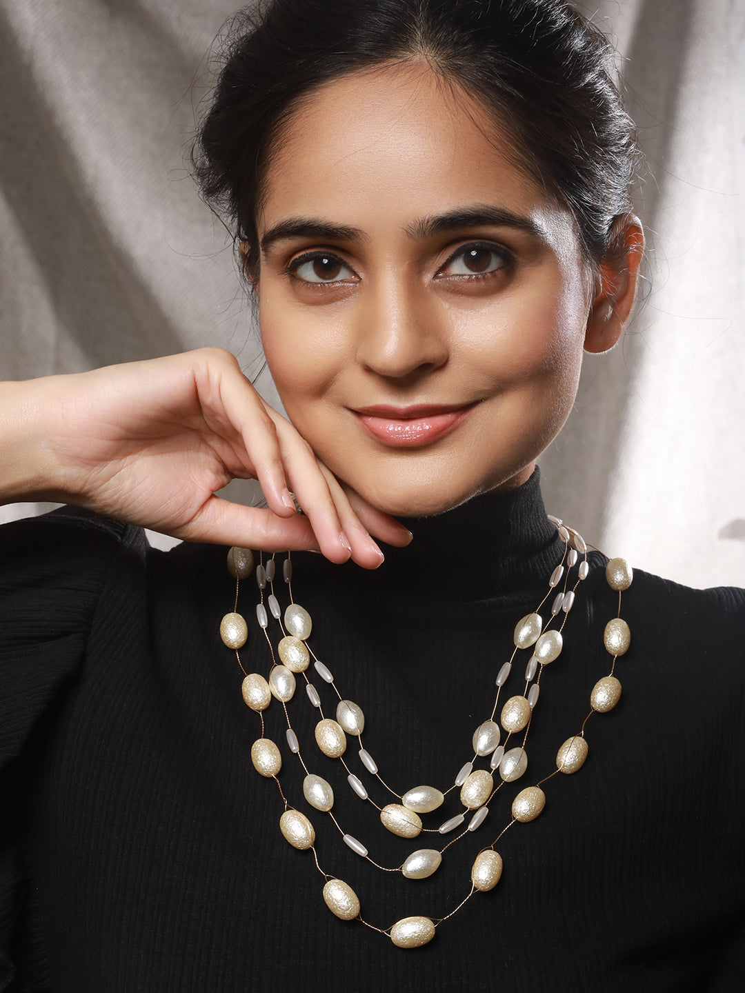 Anti-Tarnish Gold Toned Pearl Minimal Luxurious  Layered Necklace & Chain