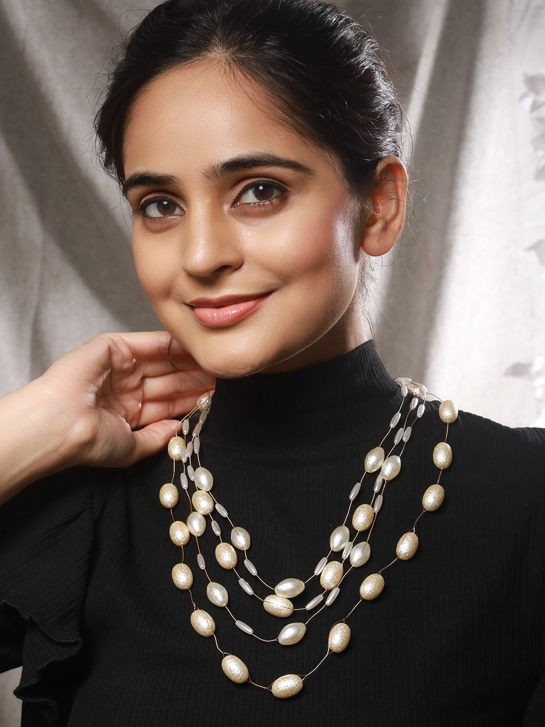 Anti-Tarnish Gold Toned Pearl Minimal Luxurious  Layered Necklace & Chain