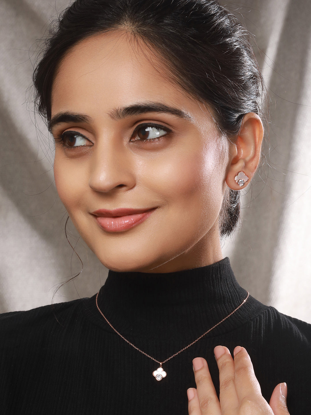 Anti-Tarnish Rose Gold Plated Faux Pearl & AD  Embellished Floral Pendant  ChainJewellery Set