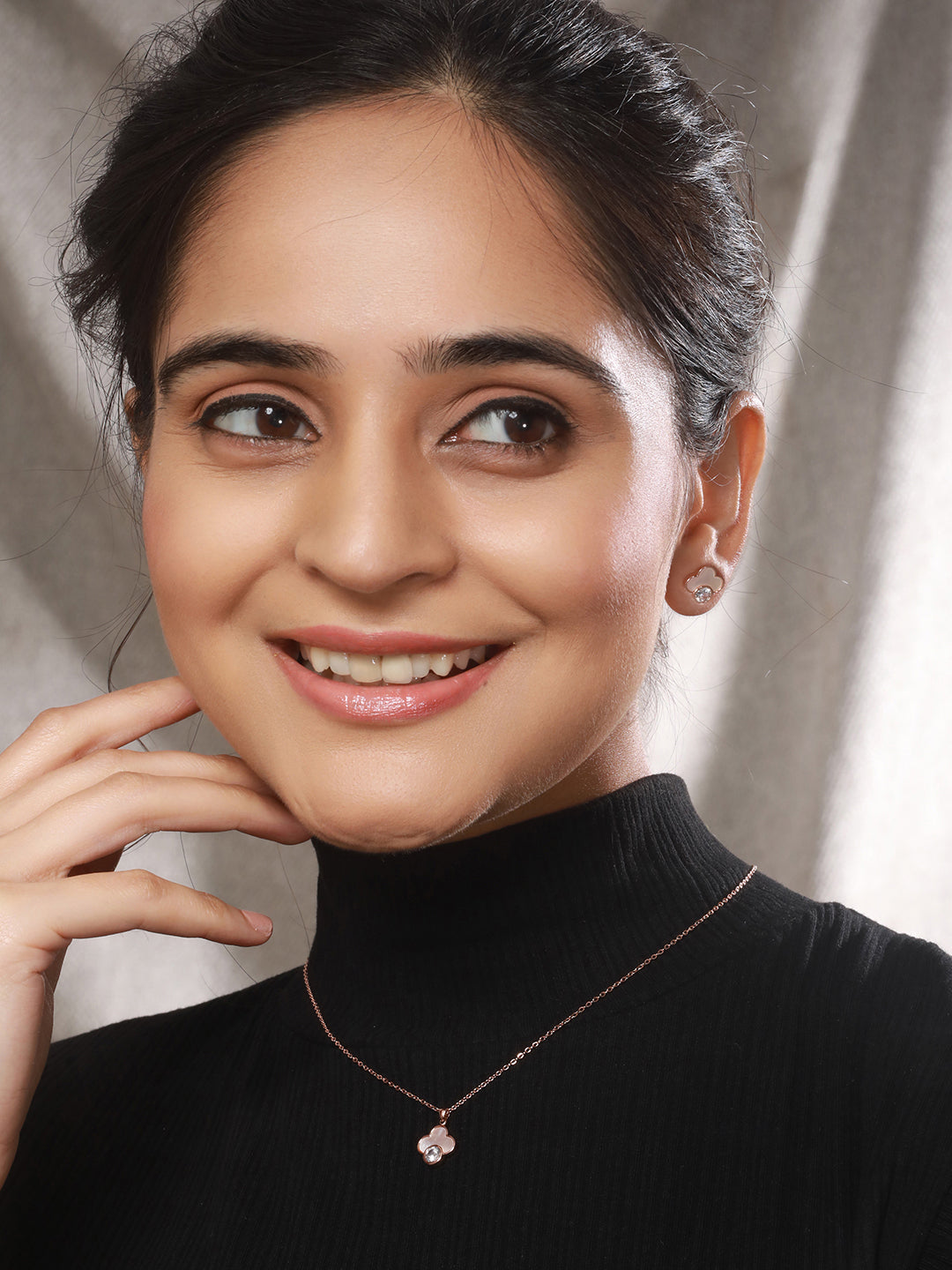 Anti-Tarnish Rose Gold Plated Faux Pearl & AD  Embellished Floral Pendant  ChainJewellery Set