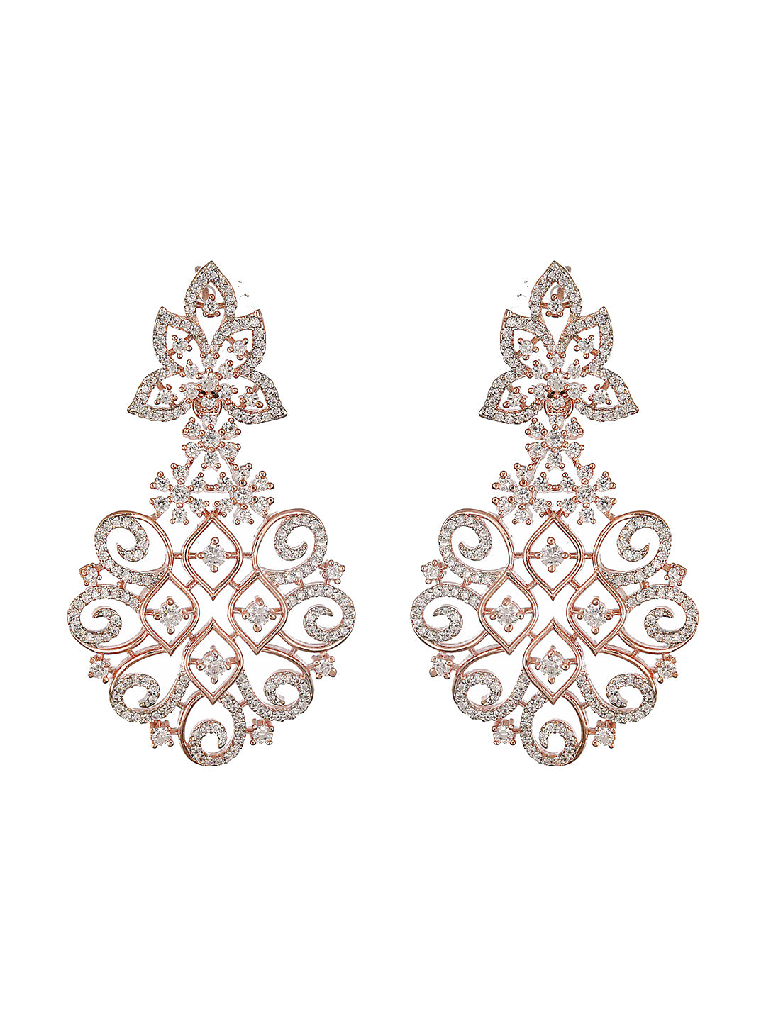 Rose Gold Plated AD Studded Luxe Chandelier Designer Earrings