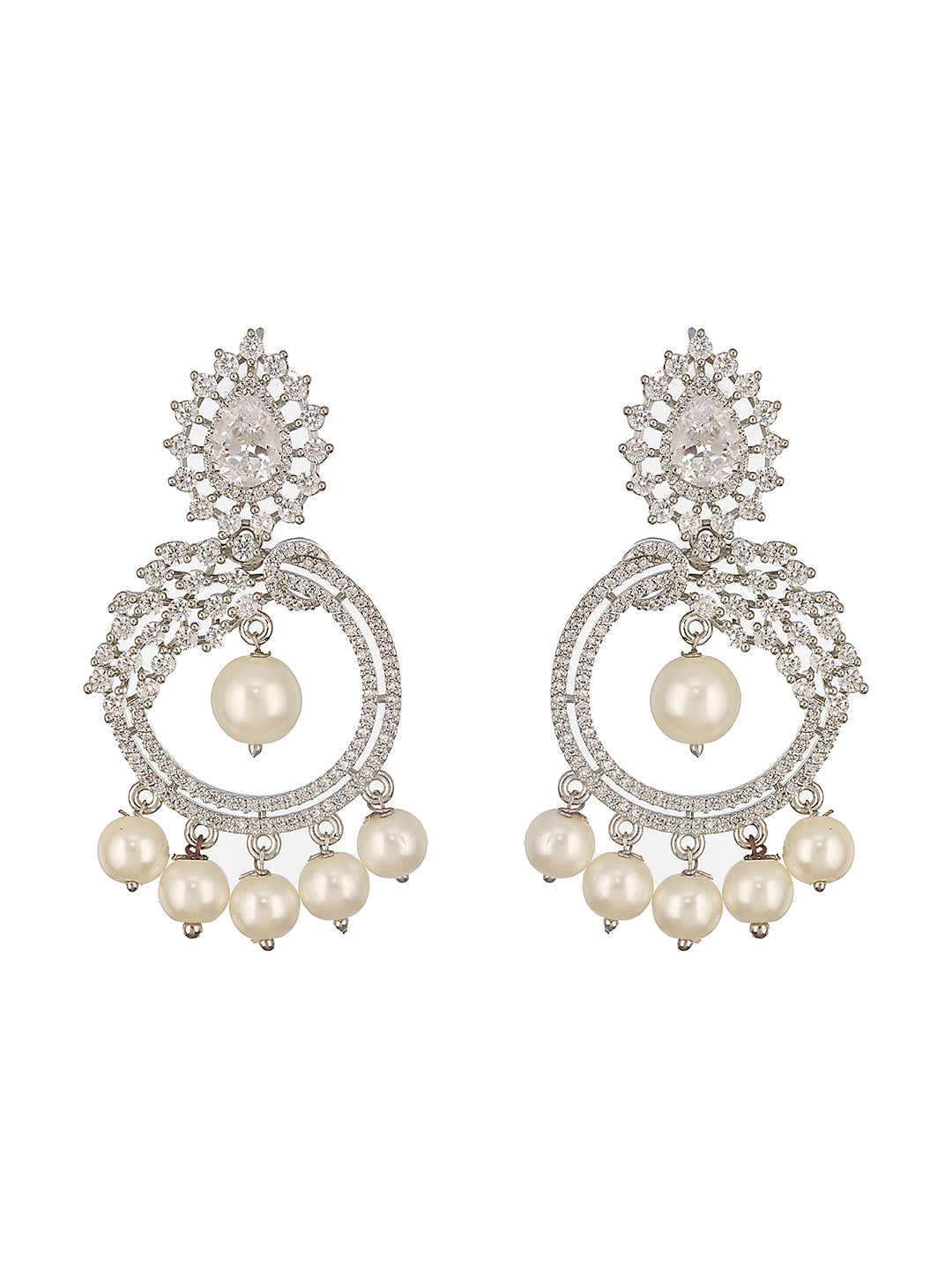 Silver Toned AD & Faux Pearl Studded Designer Chandelier Chandbali Dropdown Earrings