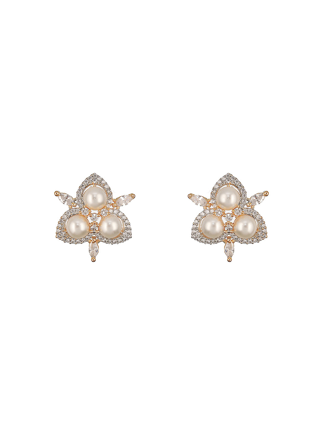 Dual Gold Toned AD  & Pearl Studded Flower Delicate Studds Earrings