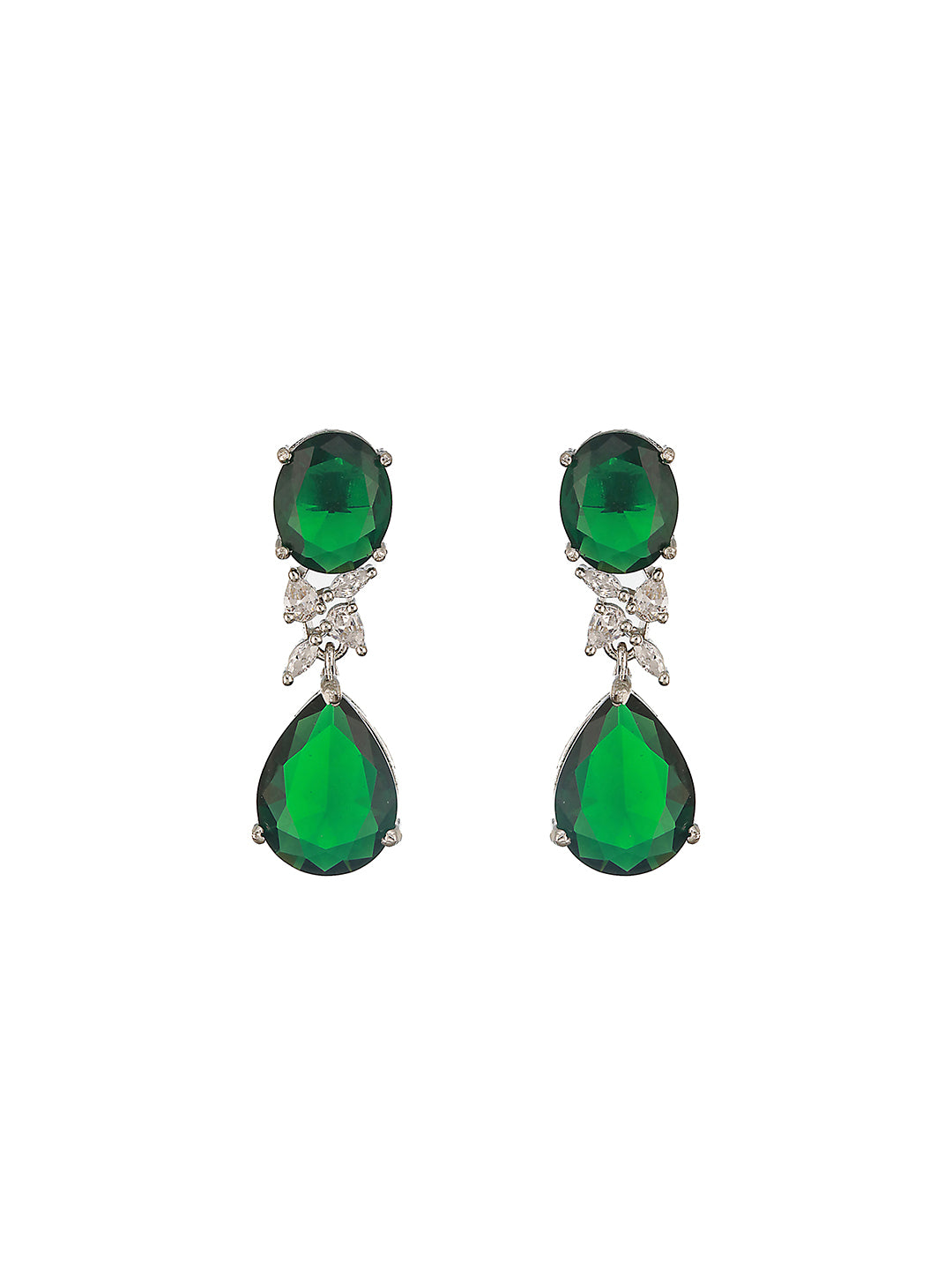Silver Toned Emarald Green Studded Luxe  Statement Drop Earrings