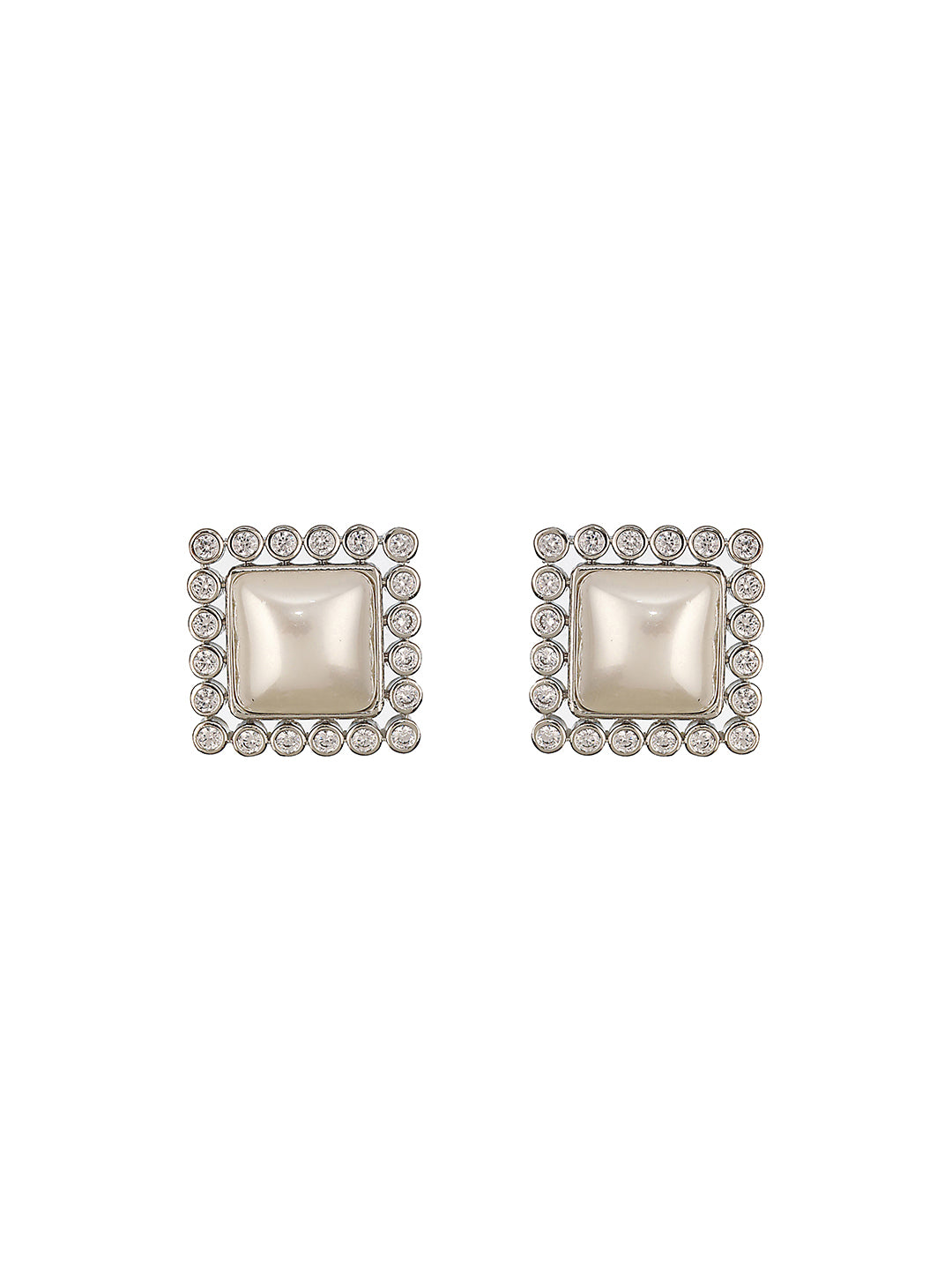 Silver Plated Faux Pearl Studded Square Statement Studds Earrings