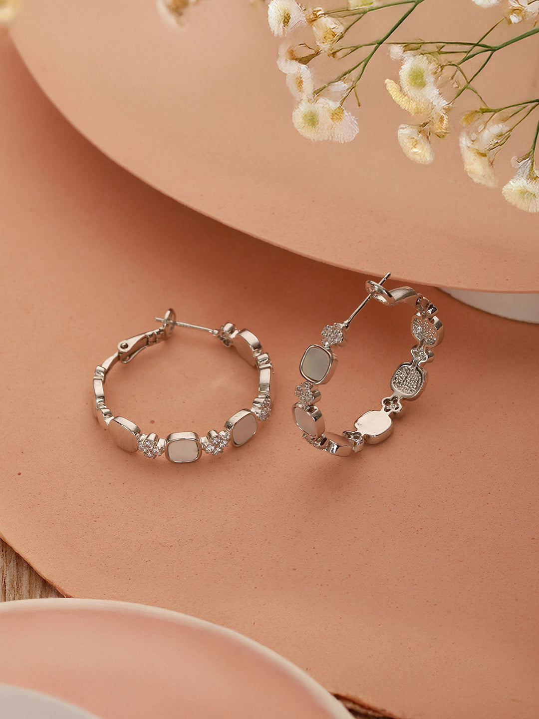 Anti-Tarnish Rhodium Plated Faux Pearl AD Studded hoop Bali Earrings