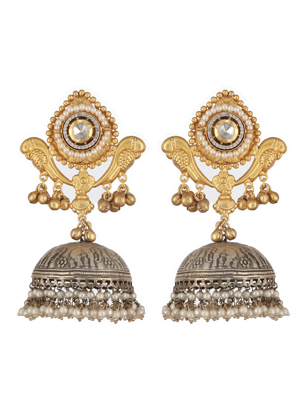 Dual Toned Pearl Beaded Bird Motif Dome Shaped Contemporary Jhumka earrings