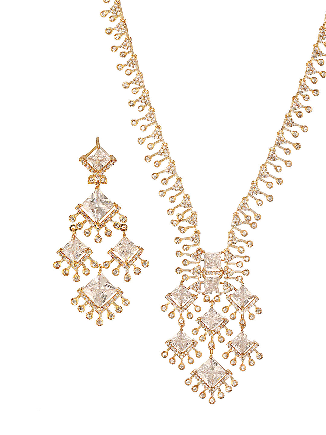 Gold Toned Cubic Zirconia Studded Designer  Chandelier  Statement Necklace Jewellery Set