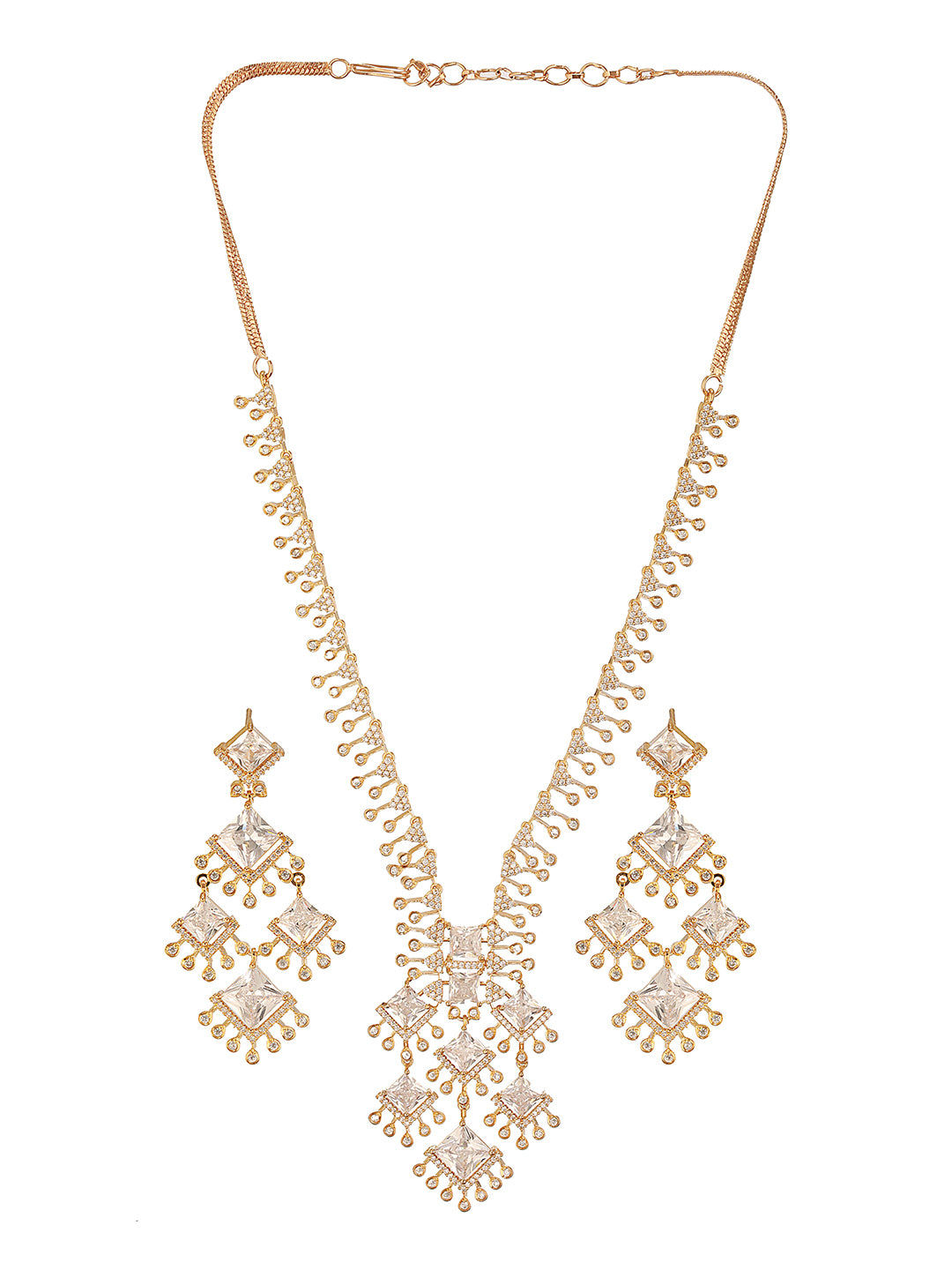 Gold Toned Cubic Zirconia Studded Designer  Chandelier  Statement Necklace Jewellery Set