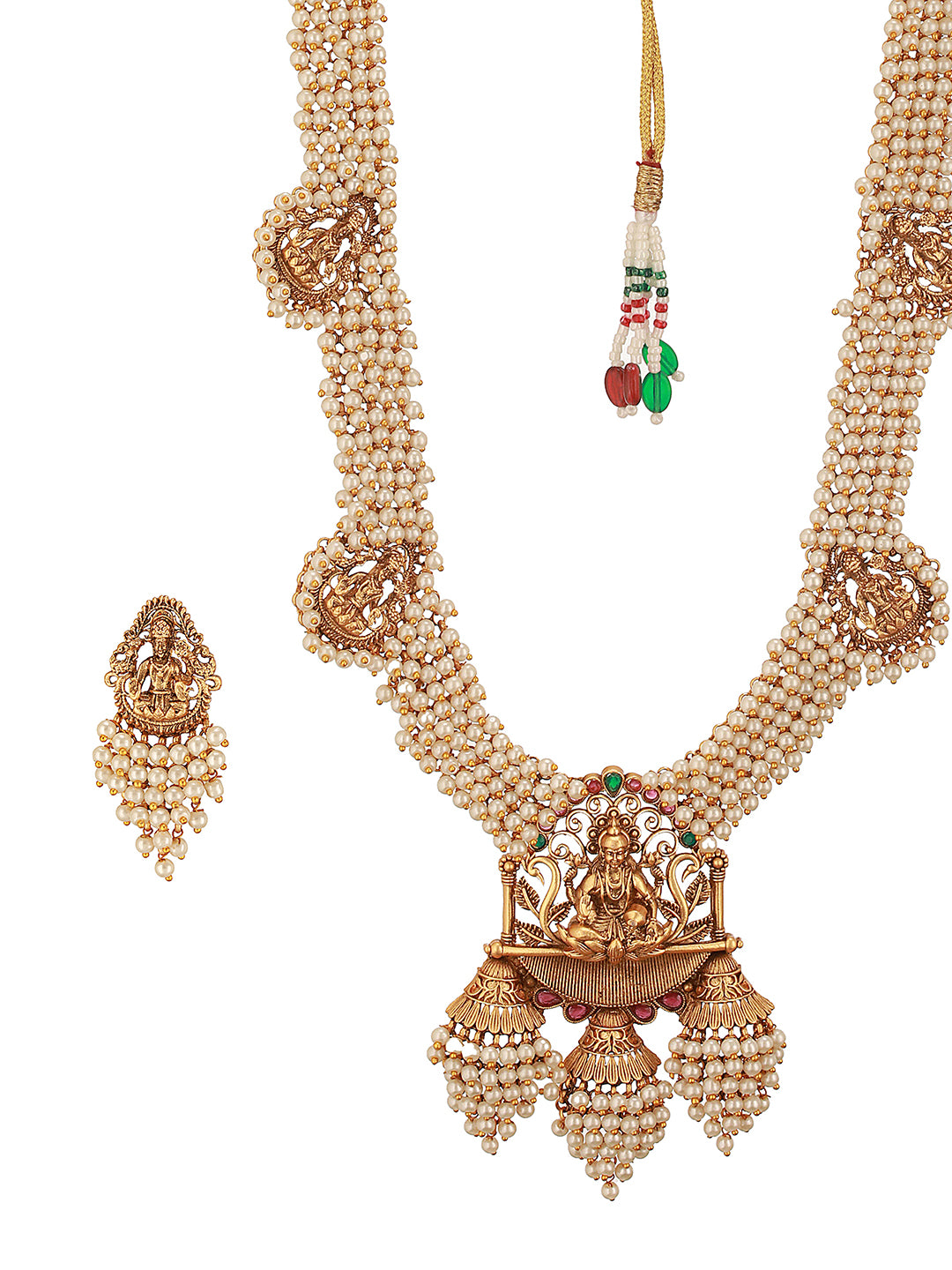 Gold Plated Pearl Beaded Haram Temple Lakshmiji Pendant Jewellery Set