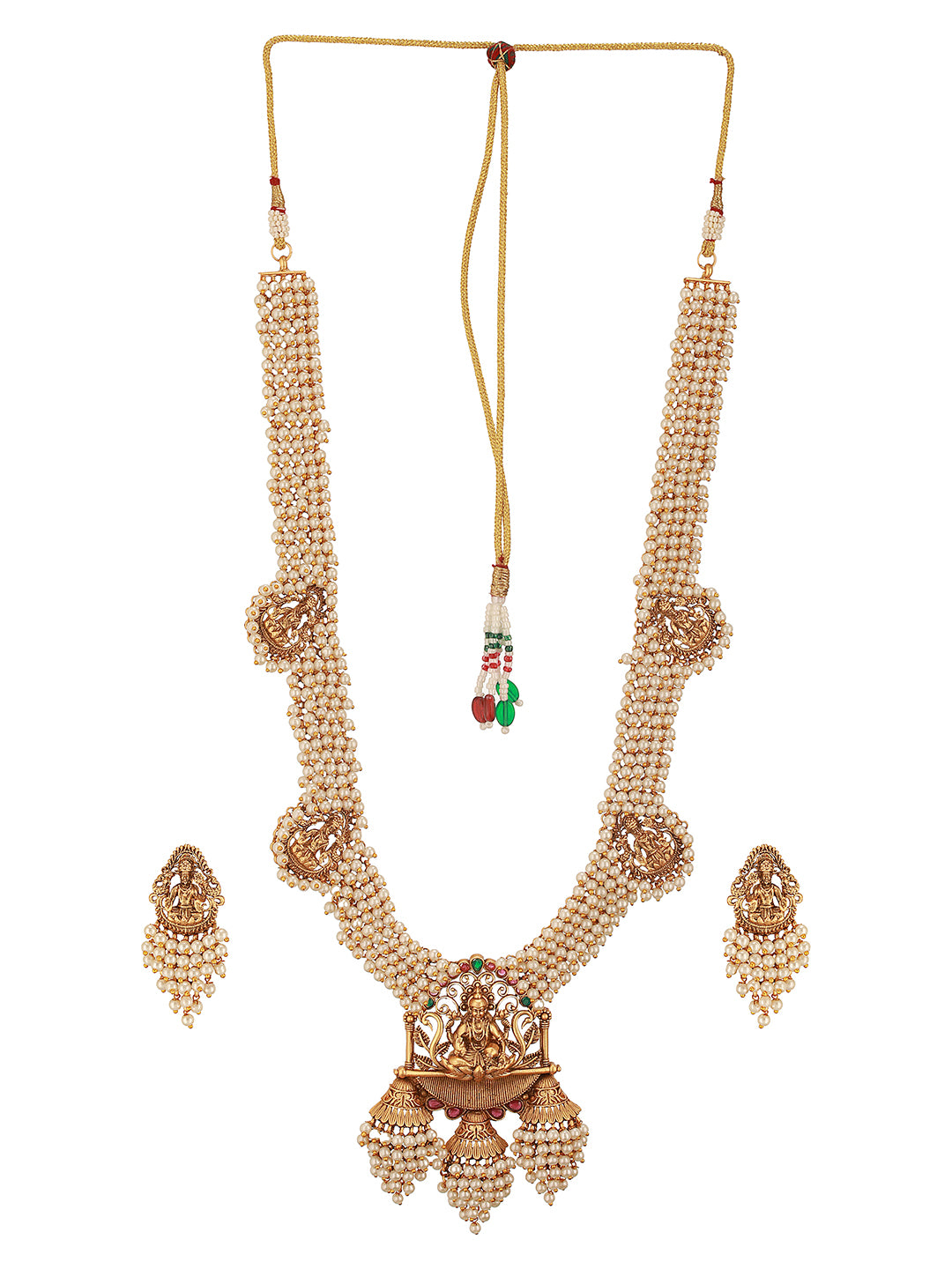 Gold Plated Pearl Beaded Haram Temple Lakshmiji Pendant Jewellery Set