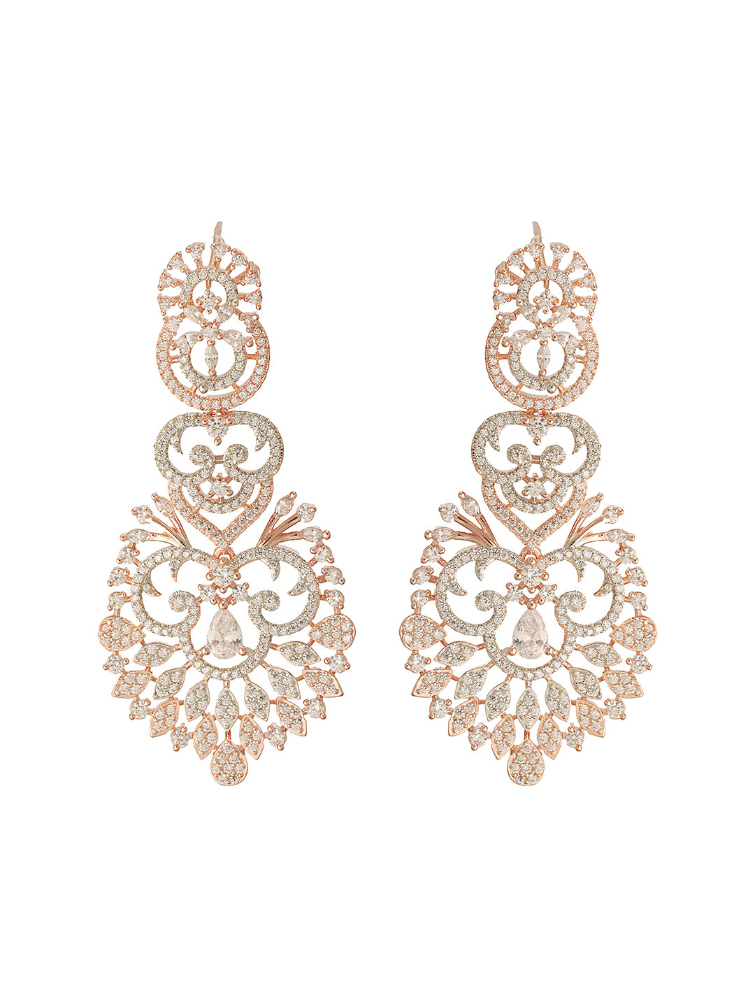 Rose Gold Toned Cubic Zircon Studded Designer Floral Dangler Earrings