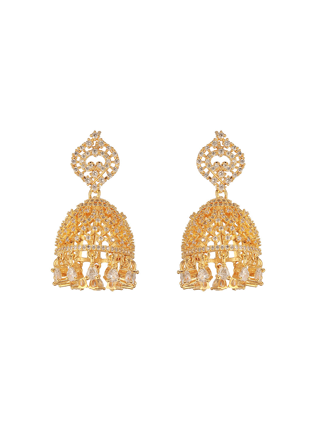 Gold Plated Cubic Zircon Studded Statement Jhumka Earrings