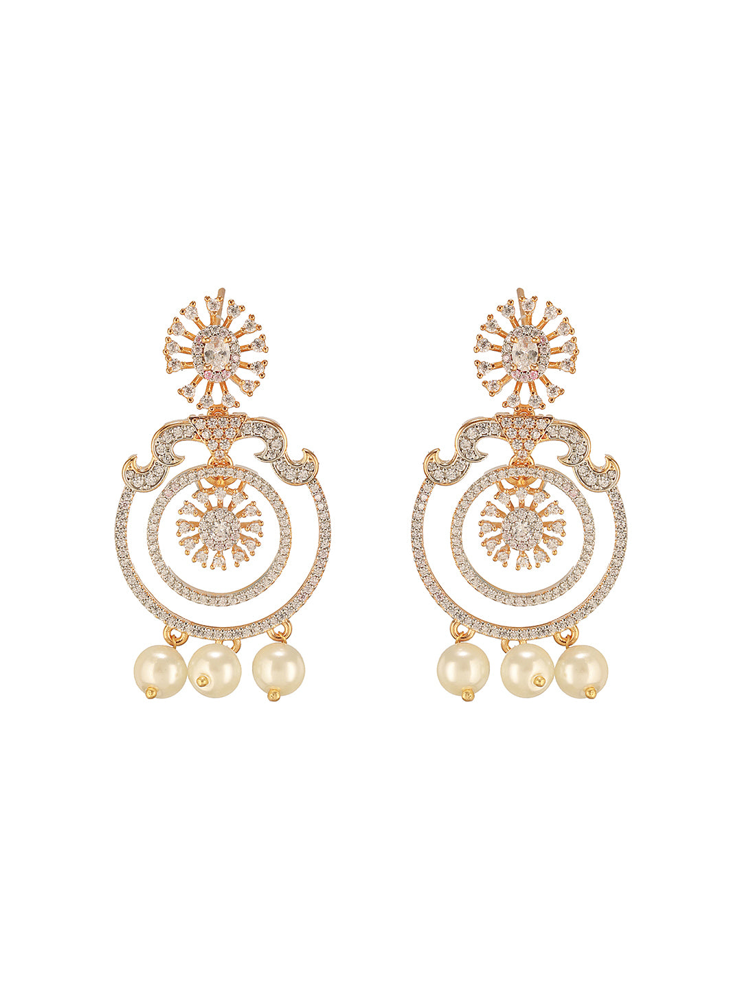 Gold Toned Cubic Zirconia & Pearl Beaded  Designer  Chandelier Chandbali Drop Earrings