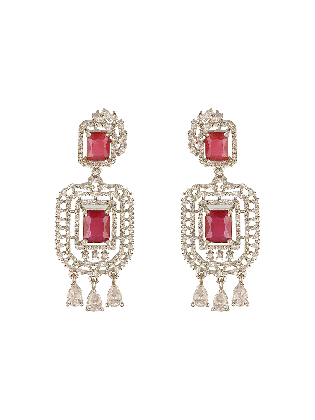 Silver Toned  Red Ruby Studded Elegant Cocktail Drop Earrings