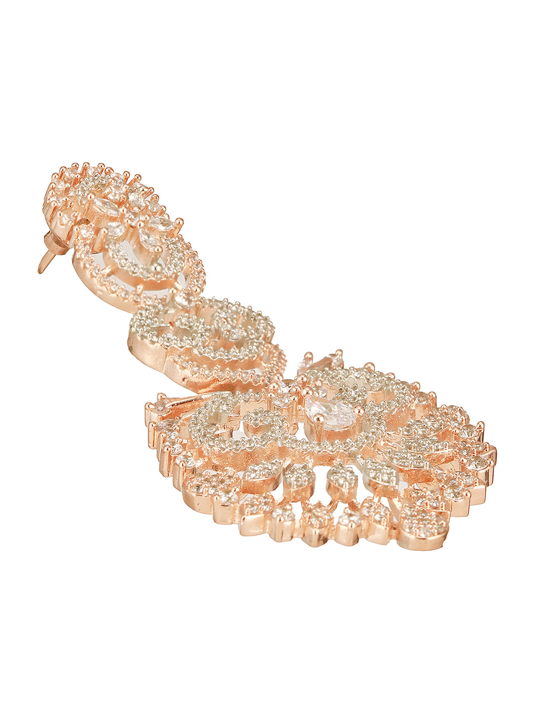 Rose Gold Toned Cubic Zircon Studded Designer Floral Dangler Earrings