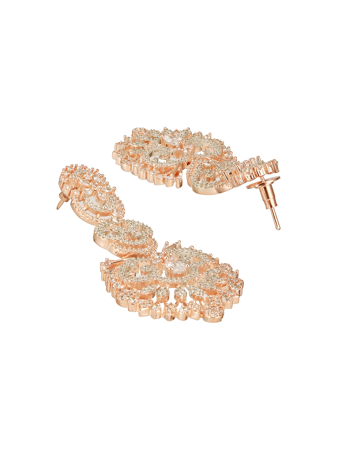 Rose Gold Toned Cubic Zircon Studded Designer Floral Dangler Earrings