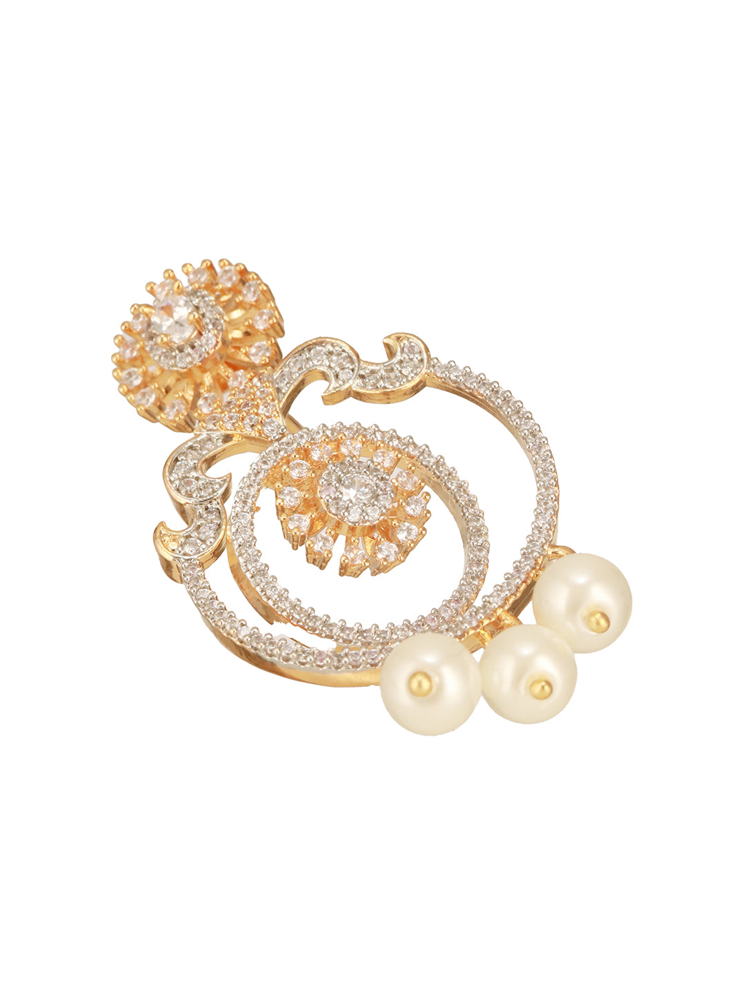 Gold Toned Cubic Zirconia & Pearl Beaded  Designer  Chandelier Chandbali Drop Earrings