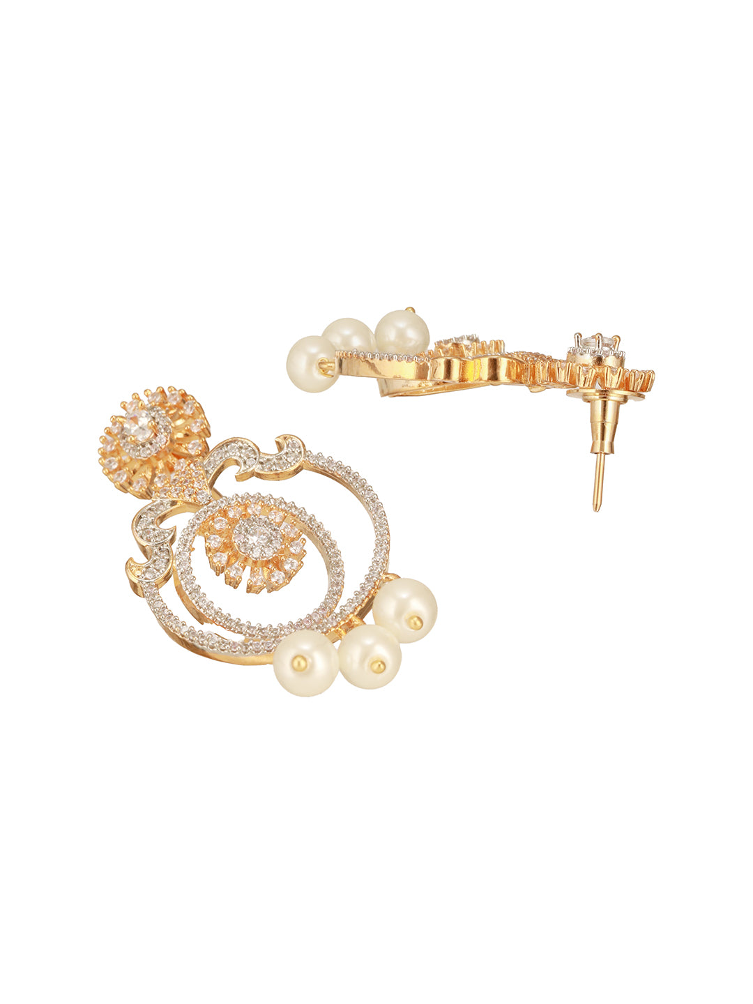 Gold Toned Cubic Zirconia & Pearl Beaded  Designer  Chandelier Chandbali Drop Earrings