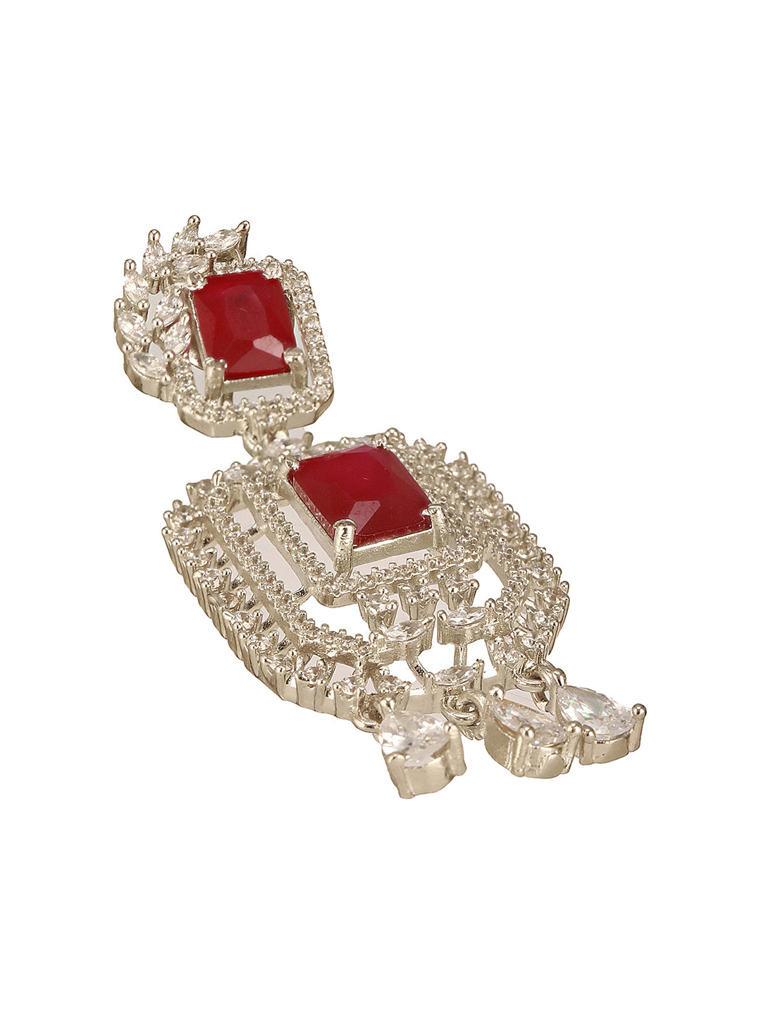 Silver Toned  Red Ruby Studded Elegant Cocktail Drop Earrings