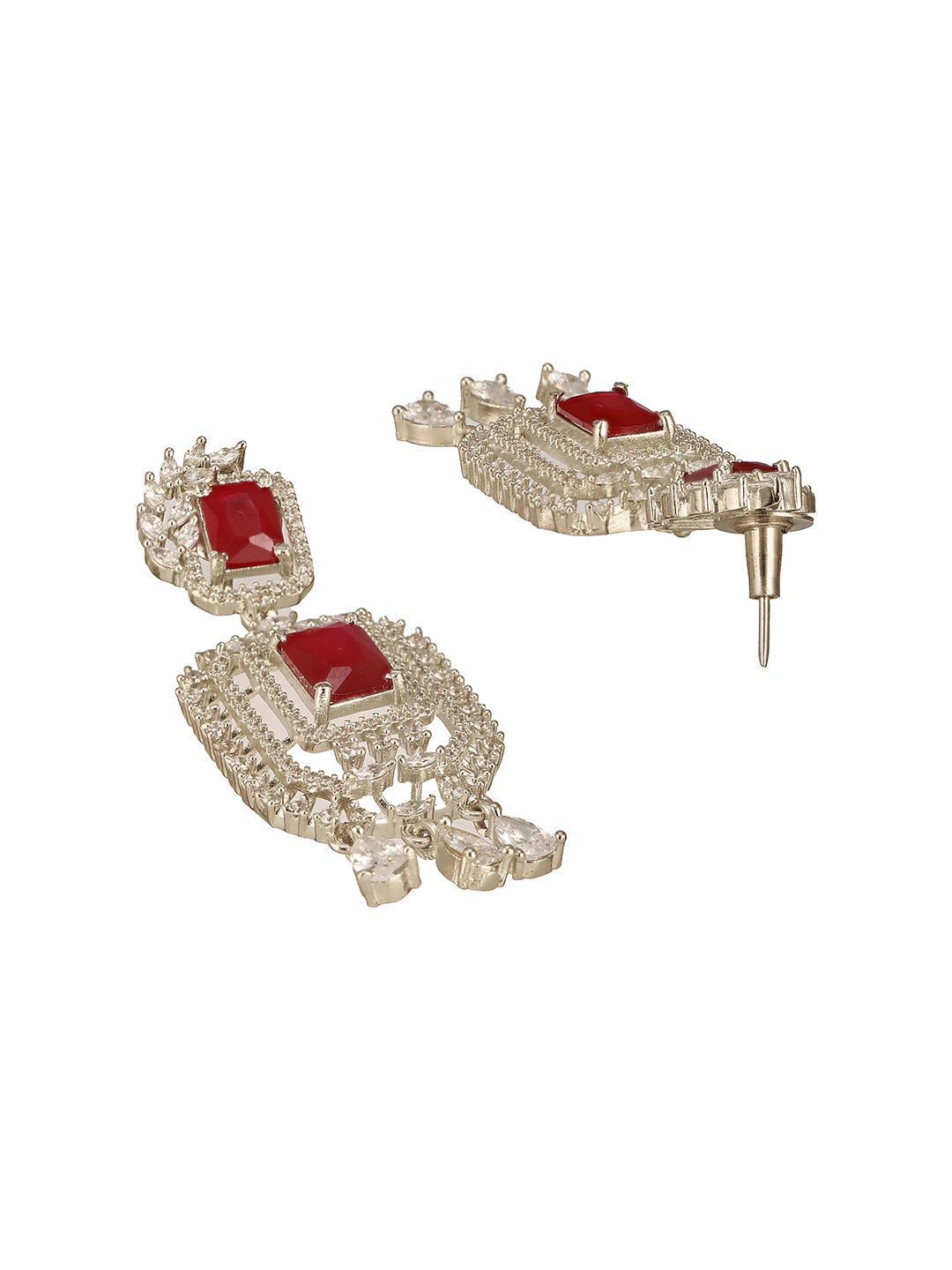 Silver Toned  Red Ruby Studded Elegant Cocktail Drop Earrings