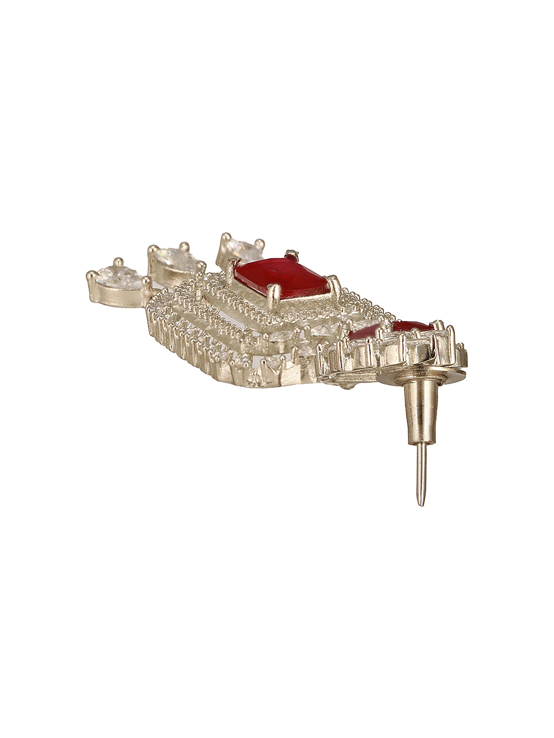 Silver Toned  Red Ruby Studded Elegant Cocktail Drop Earrings