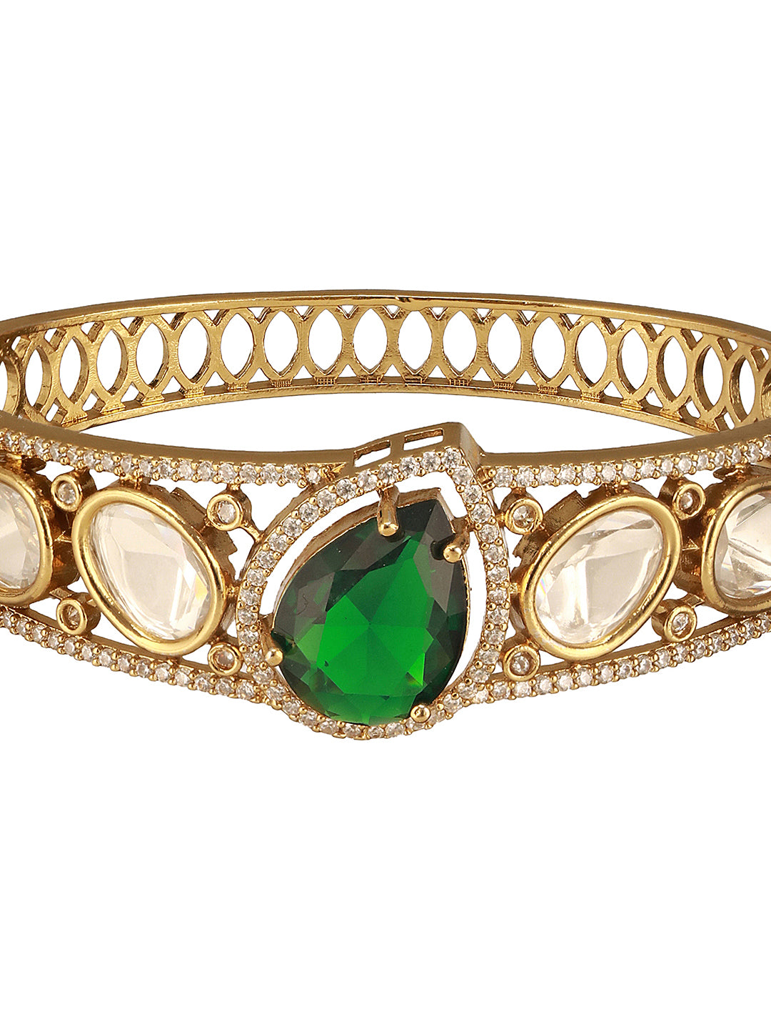 Gold Polish Green Emerald Kundan Mossanaite Studded Tilak Shaped Openable Kada Bracelet