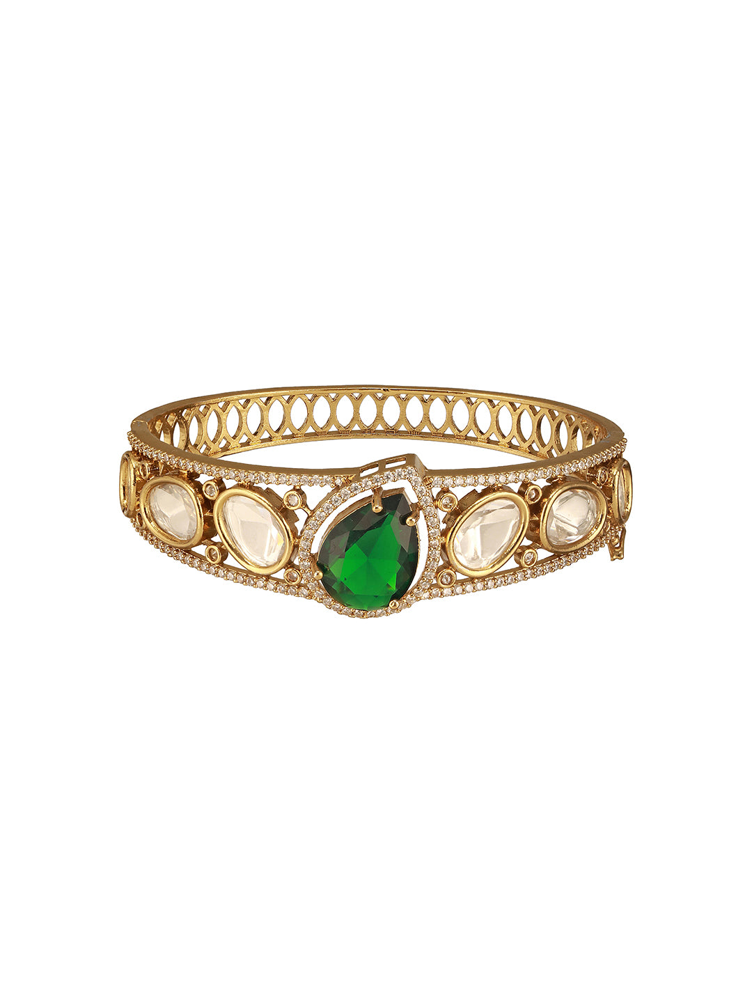 Gold Polish Green Emerald Kundan Mossanaite Studded Tilak Shaped Openable Kada Bracelet