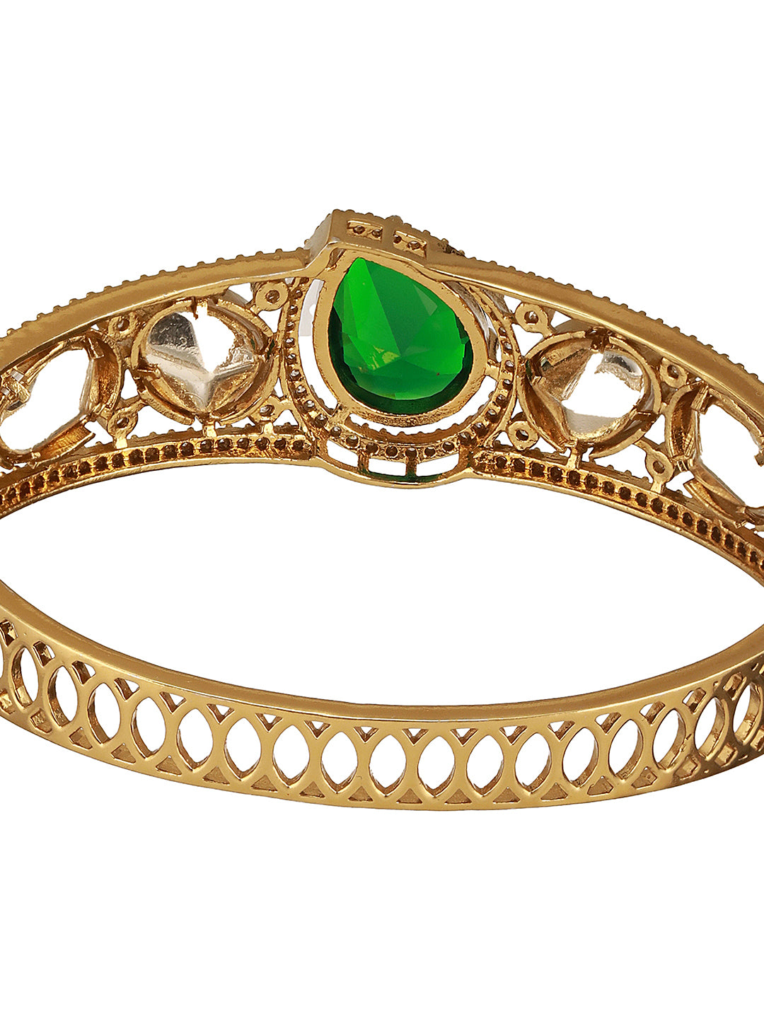 Gold Polish Green Emerald Kundan Mossanaite Studded Tilak Shaped Openable Kada Bracelet