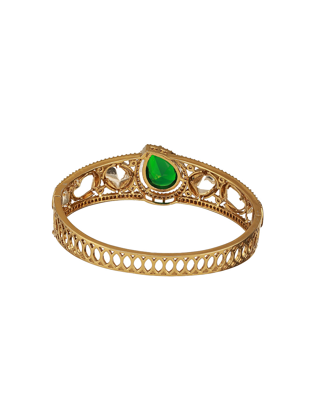 Gold Polish Green Emerald Kundan Mossanaite Studded Tilak Shaped Openable Kada Bracelet