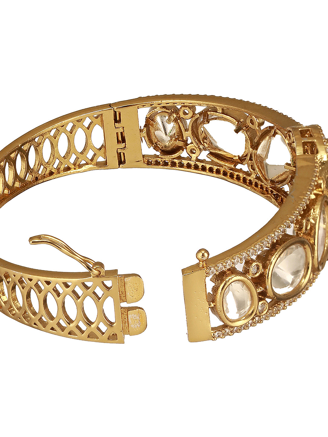 Gold Polish Green Emerald Kundan Mossanaite Studded Tilak Shaped Openable Kada Bracelet