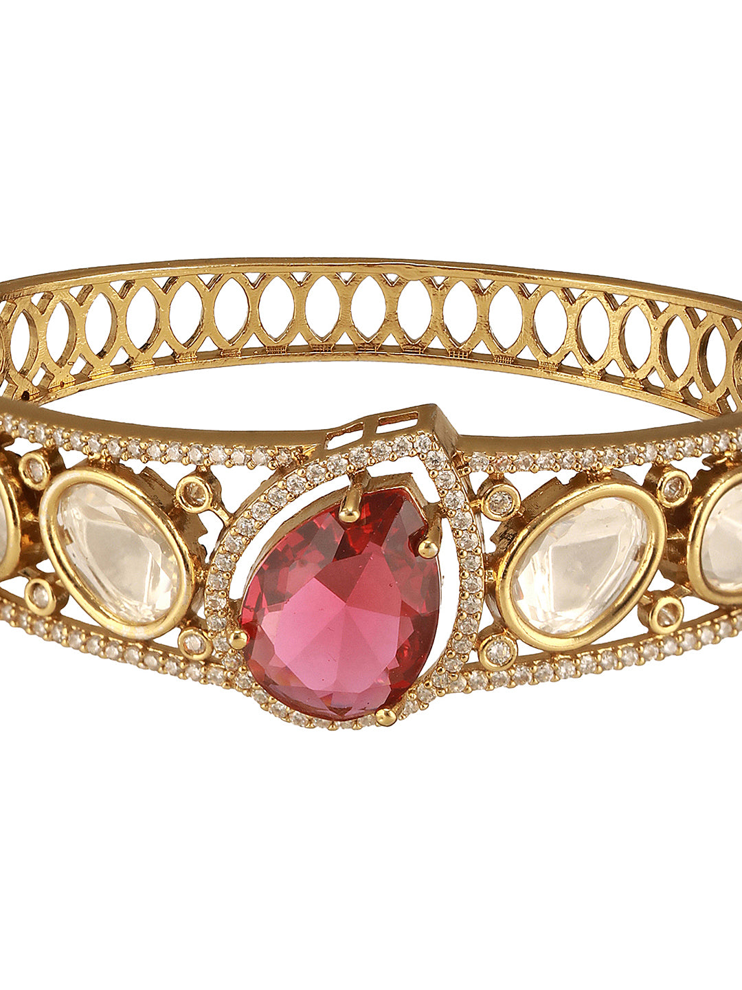 Gold Polish Ruby Red Kundan Mossanaite Tilak Shaped Openable Kada Bracelet