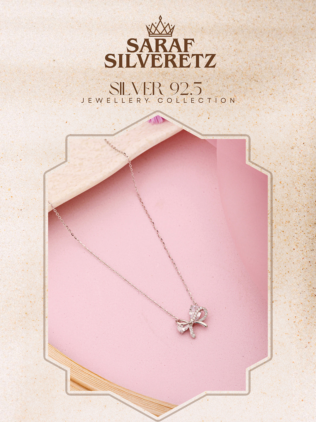 925 Sterling Silver AD Studded Minimal Bow Delicate Pendant Necklace & Chain