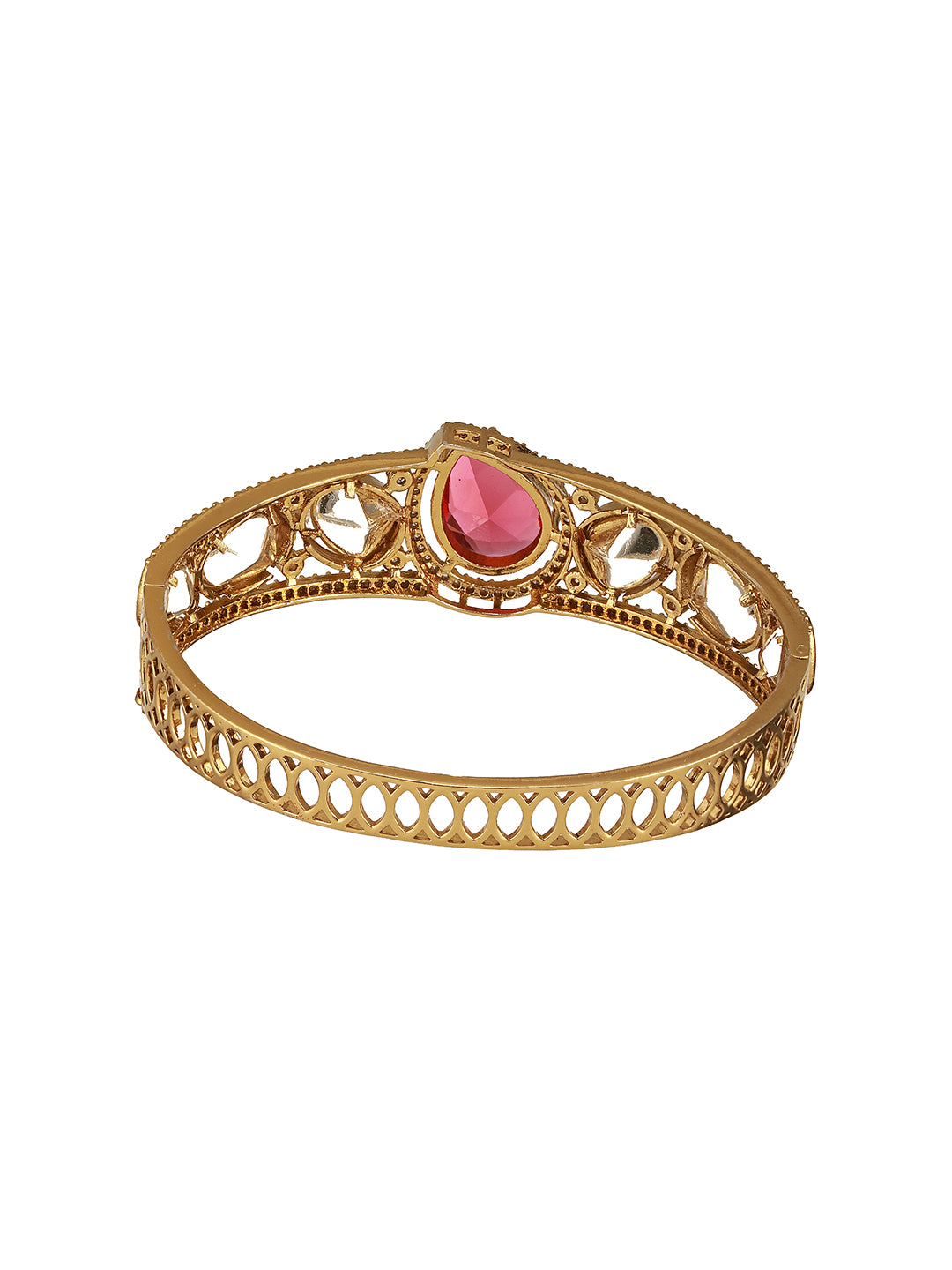 Gold Polish Ruby Red Kundan Mossanaite Tilak Shaped Openable Kada Bracelet